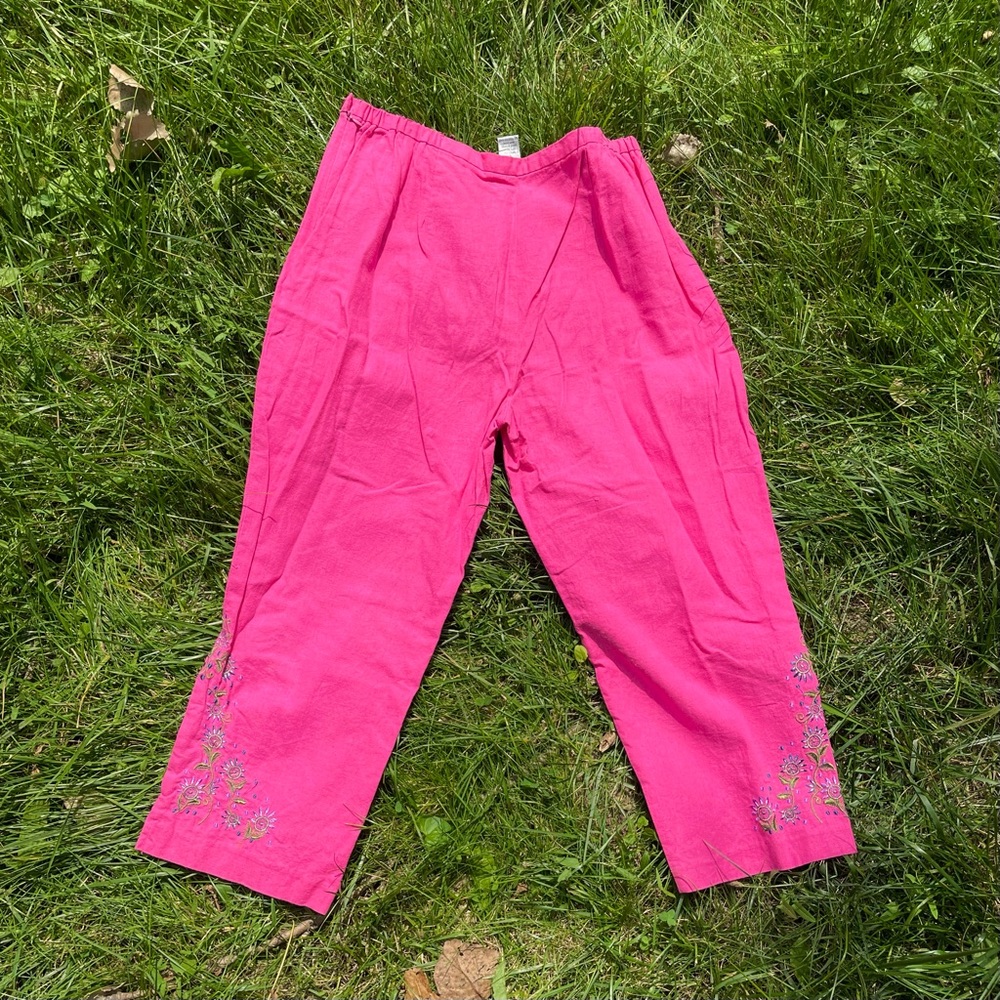 Hot Pink Linen Floral Embroidered Crop Pants Trousers Large